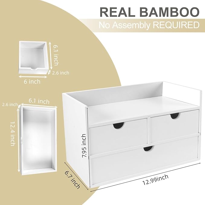 Bamboo Desk Organizer 3 Drawer with Shelf, Countertop Organizer with Drawers Makeup Storage Drawer 3 Drawers Tabletop Storage Organization Box Home Office Workspace（White）