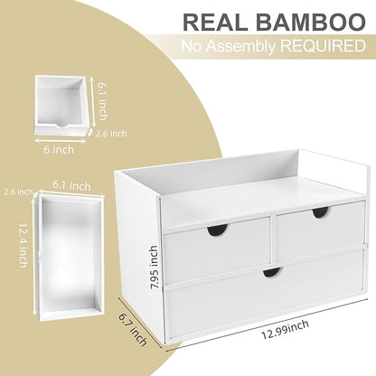Bamboo Desk Organizer with 3 Drawers, Countertop Organizer with Drawers Makeup Storage Drawer 3 Drawer Tabletop Storage Organization Box Home Office Workspace（White）