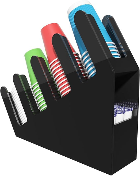 WINFFOR 4-Compartment Disposable Cup Holder - Cup and Lid Holder with Straw Organizer Black Acrylic Cup Dispenser with Coffee Pod Storage for Coffee Station Bar Countertop Restaurant Breakroom