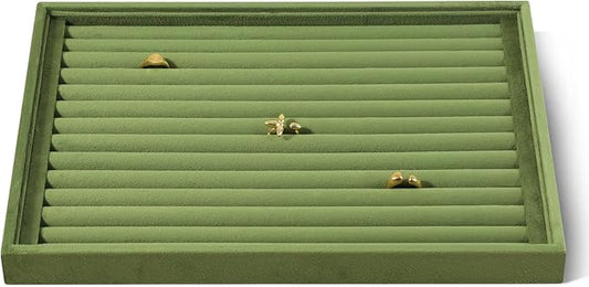 Velvet Ring Display Tray, Stackable Muilt Slot Rings Ear Stud Storage Tray, Drawer Insert Jewelry Accessories Organizers Plate (Olive Green)