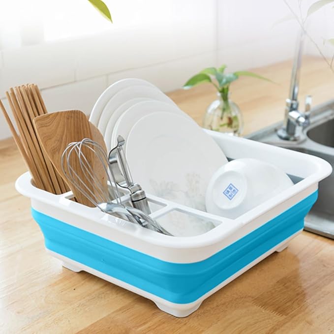 Collapsible Dish Rack Foldable Dish Drying Rack Portable Dish Drainer Dinnerware Organizer Rack Folding Tableware Storage Rack Cutlery Rack for Kitchen Counter RV Camper Accessories (White Blue)