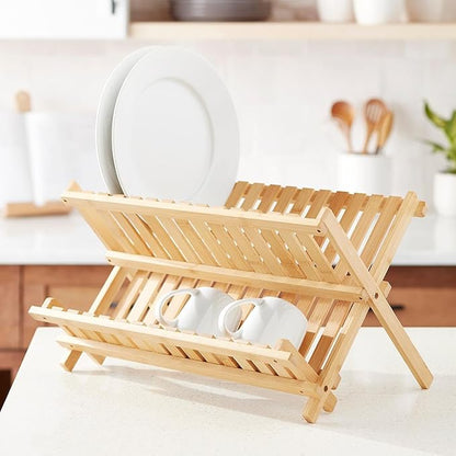 Bamboo Dish Drying Rack for Kitchen Counter, 2-Tier Collapsible Foldable Dish Drainer, Space-Saving Wooden Organizer for Dishes, Plates, Cups, Housewarming Gift
