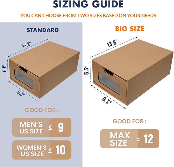 WALL QMER Shoe Box 12 Pack,13.2 x 8.3 x 5.1in Waterproof Storage Boxes, Socks, Stationery, Toys, Underwear,Heavy Duty,Stack-able Cardboard Boxes,with Marking Labels,Transparent Window