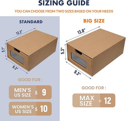 WALL QMER Shoe Box 12 Pack,13.2 x 8.3 x 5.1in Waterproof Storage Boxes, Socks, Stationery, Toys, Underwear,Heavy Duty,Stack-able Cardboard Boxes,with Marking Labels,Transparent Window