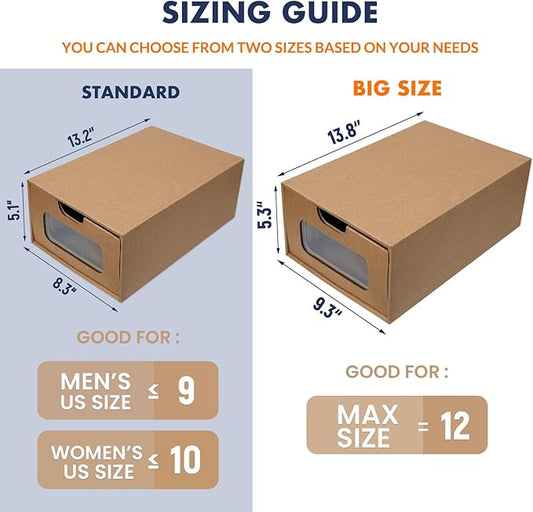 WALL QMER Shoe Box 12 Pack,13.2 x 8.3 x 5.1in Waterproof Storage Boxes, Socks, Stationery, Toys, Underwear,Heavy Duty,Stack-able Cardboard Boxes,with Marking Labels,Transparent Window