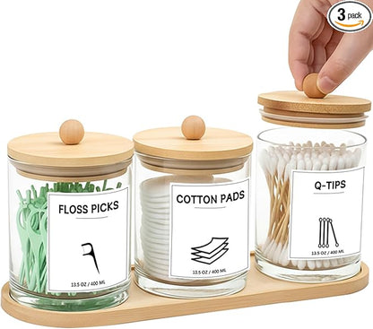 GYOSUGANG 3 PCS Qtip Holder for Bathroom, Cotton Ball Holder with Tray, Bathroom Organizers and Storage, Bathroom Jars for Floss Picks, Cotton Swabs, Balls, Pads(Clear)