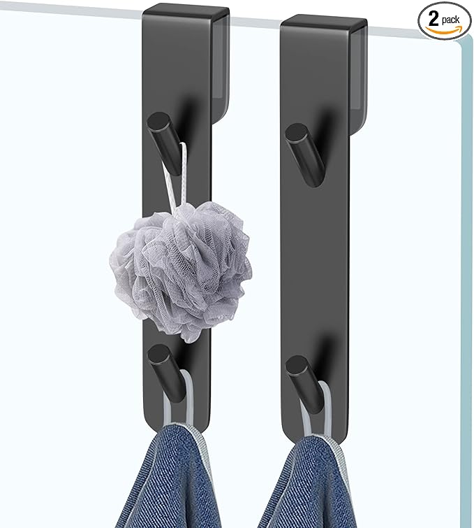KITHOLD Shower Door Hook, Extended Length Frameless Shower Door Hook (7 Inch), Heavy-Duty Bathrobe Towel Stainless Steel Hook, No Drilling or Adhesive Required, 2-Pack, Black