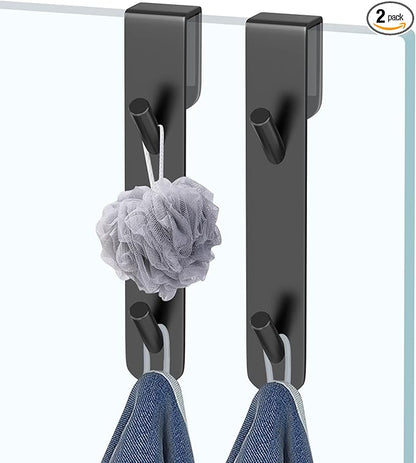 KITHOLD Shower Door Hook, Extended Length Frameless Shower Door Hook (7 Inch), Heavy-Duty Bathrobe Towel Stainless Steel Hook, No Drilling or Adhesive Required, 2-Pack, Black