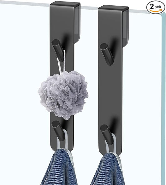 KITHOLD Shower Door Hook, Extended Length Frameless Shower Door Hook (7 Inch), Heavy-Duty Bathrobe Towel Stainless Steel Hook, No Drilling or Adhesive Required, 2-Pack, Black