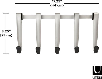 Umbra Schnook Steel Over-The-Door Multi-Hook - 5 Metal Hooks Measure 18" x 8" - Perfect for Hanging Robes, Towels, Shower & Bath Accessories - Keep Your Bathroom Organized and Neat