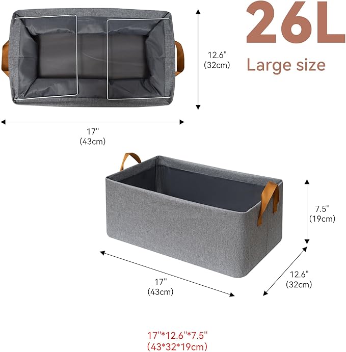 SNWDN 6 Pack Closet Cloth Storage Bins for Shelves,Large Storage Baskets for Shelves, Fabric Bins for Closet organization with Handles（Grey 17''L x 12.6''W x 7.5''H）