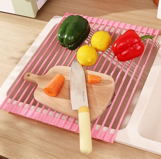 Pezixueran Roll Up Dish Drying Rack Over The Sink.Foldable Kitchen Drainer,Fully Silicone Cover Stainless Steel Bar,Heat-Resistant, Anti-Slip Sink Rack for Kitchen Counter Multipurpose.