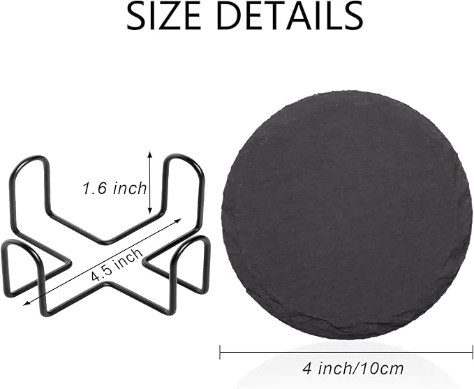 4 PCS Round Slate Drink Coasters Set, SIJDIEE 4 Inch Laser Engraving Black Slate Stone Coasters with Anti-Scratch Bottom and Coaster Holder for Office Bar Kitchen Home Dinner Table Decor Supplies