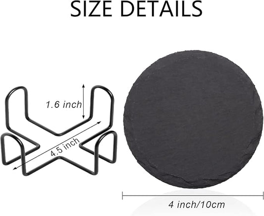 4 PCS Round Slate Drink Coasters Set, SIJDIEE 4 Inch Laser Engraving Black Slate Stone Coasters with Anti-Scratch Bottom and Coaster Holder for Office Bar Kitchen Home Dinner Table Decor Supplies