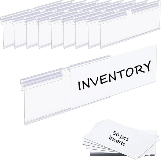 50PCS Basket Bin Labels Clip On,Clear Plastic Wire Shelf Price Tags,Labels for Storage Bins,Merchandise Sign Display Holder,50PCS Paper Inserts Included(Size:3.54x1.57inch/9x4cm)