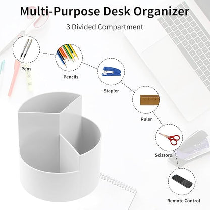 Desk Pencil Pen Holder, 3 Slots 360-Degree Spinning Organizers, Desktop Storage Stationery Supplies, Cute Cup Pot for Office, School, Art Supply, Kids - Gray