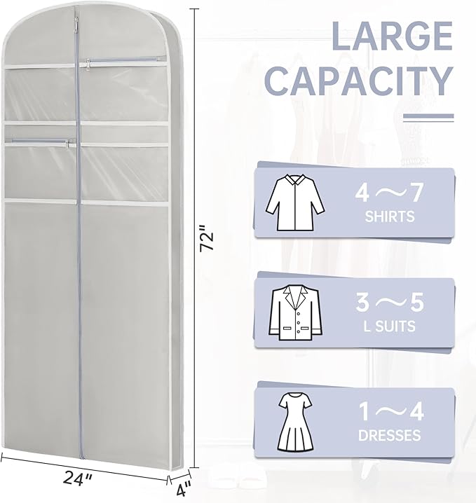 72" Garment Bag for Travel for Hanging Clothes Storage Hanging Suit Cover with Zipper and Accessory Storage for Coats, Dresses, Suits