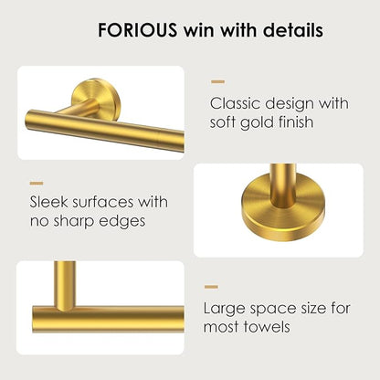 FORIOUS Towel Bar Wall Mounted, Stainless Steel Towel Racks for Bathroom, Includes Wall Mounting Hardware (Brushed Gold, 26 Inch)
