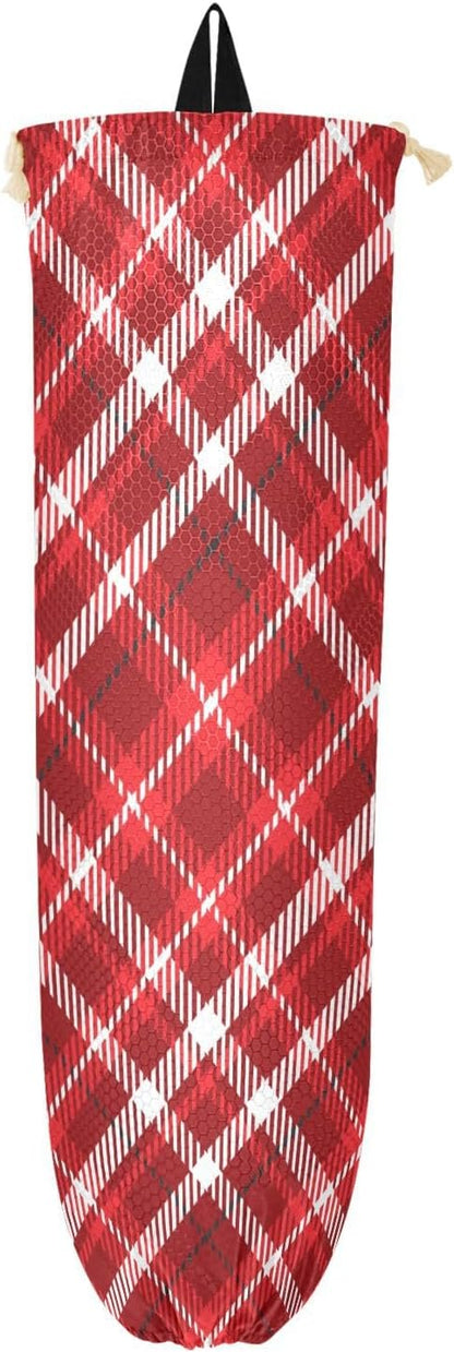 1 PC Plastic Bag Holder Wall Mount Grocery Bag Holder Shopping Bag Trash Bag Storage Organizer Dispenser for Kitchen Closet 22 x 9 Inch Christmas Red Plaid