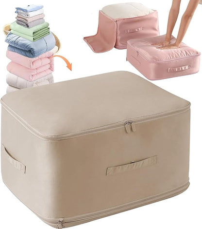 HEVOY Ultra Space Saving Self Compression Organizer, Self Compression Storage Bags, Foldable Closet Organizers Storage Tote, Moving Bag Containers with Handle for Comforters, Blankets (Beige, Medium)