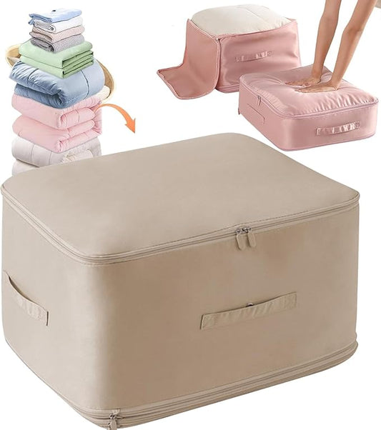 HEVOY Ultra Space Saving Self Compression Organizer, Self Compression Storage Bags, Foldable Closet Organizers Storage Tote, Moving Bag Containers with Handle for Comforters, Blankets (Beige, Medium)