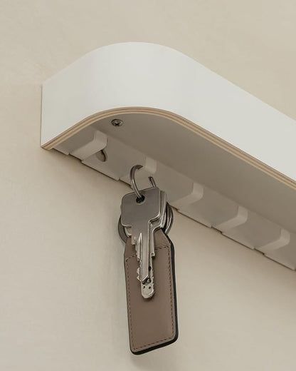 Kazai.® Key Holder 'Toke' | Minimalist Key Hook Design from Berlin | Modern Key Holder Wall Mount with Wooden Shelf | Key Rack for Wall as Entryway Organizer | White