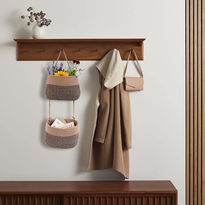 Over The Door Hanging Basket, 2 Tier Cotton Rope Woven Wall Basket, Magazine Racks Hanging Organizer, Decorative Hanging Storage Baskets for Organizing Living Room, Bathroom and Bedroom (Jute-black)