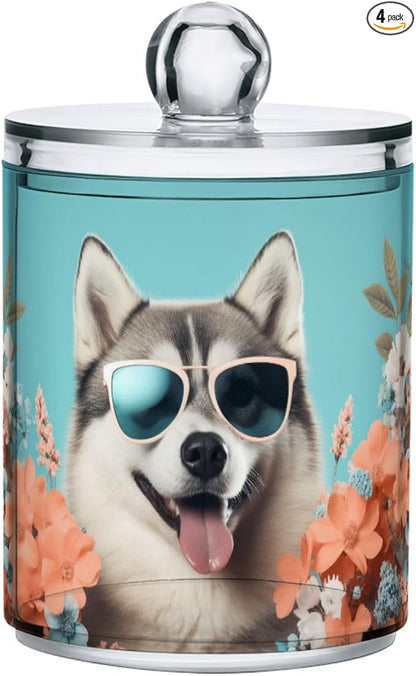 MNSRUU 4 Pack Qtip Holder Organizer Dispenser Cute Dog Siberian Husky Pink Bathroom Storage Canister Cotton Ball Holder Bathroom Containers for Cotton Swabs/Pads/Floss