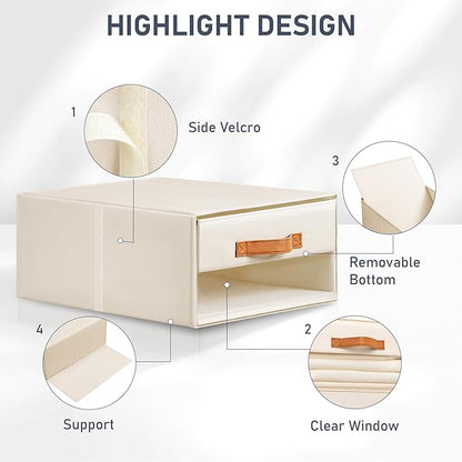DIMJ Closet Organizers and Storage - Pull-out Fabric Bins with Drawers for Closet Foldable Clothes Organizers with Clear Window, Stackable Storage Drawers for Bedroom,Living Room,Shelf,6-Pack, Beige