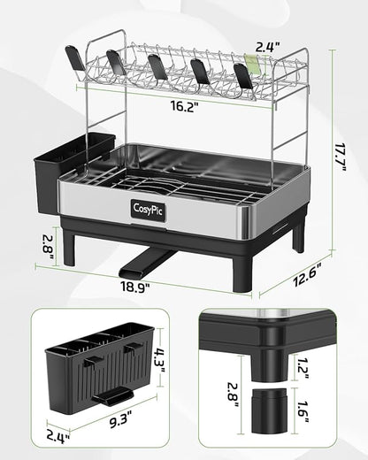 CosyPic 2 Tier Dish Drying Rack, Thicker Premium 304 Stainless Steel Dish Racks for Kitchen Counter, Automatic Drainage Spout, Dish Drainer & Drainboard Set with Utensil Holder and Cup Holder, Black