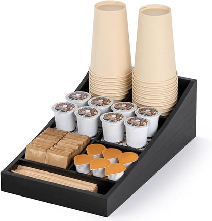 Coffee Station Organizer for Countertop, Condiment Storage Caddy, Coffee Bar Supplies Organizer for Home, Office and Breakroom - Wooden, Black, 7 Compartment
