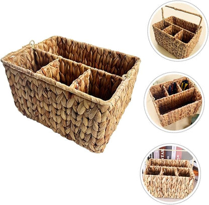 Luxshiny Woven Straw Basket Desktop Organizer Silverware Organizer for Storage Tabletop Multipurpose Kitchen Holder