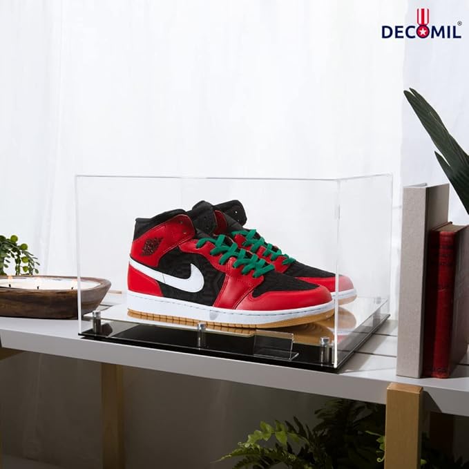 DECOMIL – Shoe Display Case, Acrylic Shoe Display Box, 2 Shoes Display, 16"x10"x12" Clear Display, Mirrored Floor Sports Memorabilia Case