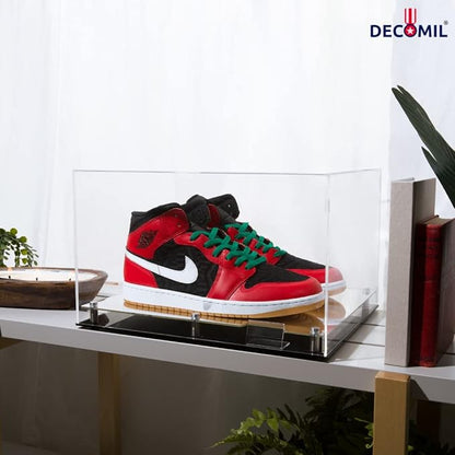 DECOMIL – Shoe Display Case, Acrylic Shoe Display Box, 2 Shoes Display, 16"x10"x12" Clear Display, Mirrored Floor Sports Memorabilia Case