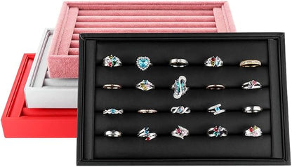 Valyria Velvet 5 Slots Ring Earrings Trays Showcase Display Jewelry Organizer (Black Flat PU Leather)