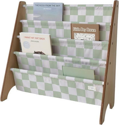 3 Sprouts Recycled Fabric Kids Bookshelf – 4-Tier Sling Book Rack Organizer - Nursery Room Playroom Classroom Wooden Book Shelves - Kid Bookcase Wood Storage Shelf for Toddler Age 3+ - Checkered Green