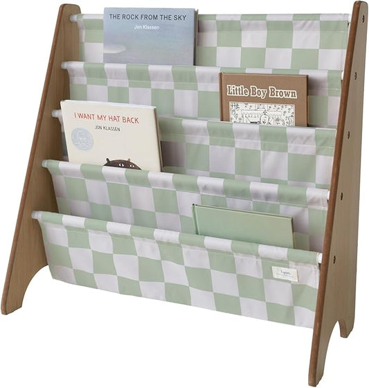 3 Sprouts Recycled Fabric Kids Bookshelf – 4-Tier Sling Book Rack Organizer - Nursery Room Playroom Classroom Wooden Book Shelves - Kid Bookcase Wood Storage Shelf for Toddler Age 3+ - Checkered Green