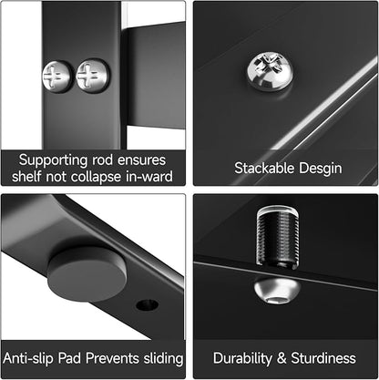 jkxoo 2Pack 16.5-27’’L Expandable Cabinet Shelf Organizers, Stackable Metal Shelves Extender for Kitchen Countertop Storage, Adjustable Spices Shelves Rack Stand for Cupboard Pantry, Black
