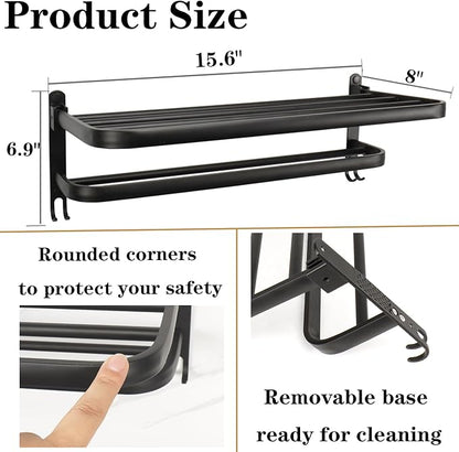 Towel Rack for Bathroom, Bath Towel Holder with Double Towel Bar and Foldable Towel Shelf, Rustproof Towel Organizer Wall Mounted Towel Storage Hanger for Bath/Balcony/Lavatory(16In Black)