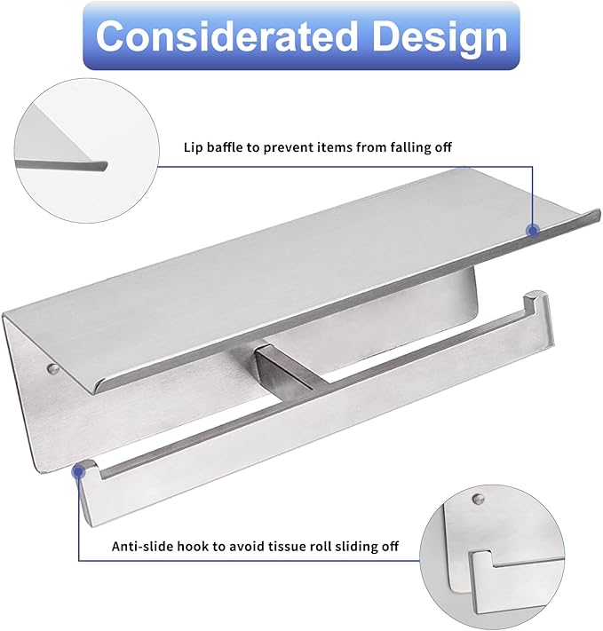 Double Toilet Paper Holder with Shelf,Idealmax Toilet Paper Holder Brushed Nickel,Large Commercial Toilet Paper Dispenser Phone Shelf, Wall Mounted Tissue Roll for Bathroom, Stainless Steel
