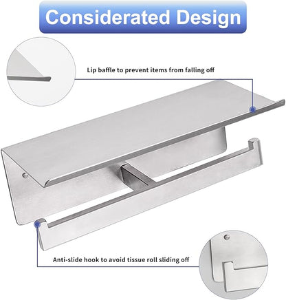 Double Toilet Paper Holder with Shelf,Idealmax Toilet Paper Holder Brushed Nickel,Large Commercial Toilet Paper Dispenser Phone Shelf, Wall Mounted Tissue Roll for Bathroom, Stainless Steel