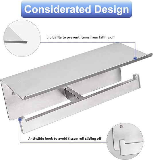 Double Toilet Paper Holder with Shelf,Idealmax Toilet Paper Holder Brushed Nickel,Large Commercial Toilet Paper Dispenser Phone Shelf, Wall Mounted Tissue Roll for Bathroom, Stainless Steel