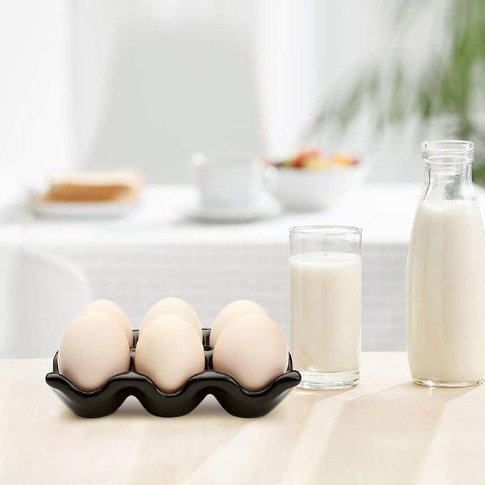 Flexzion Ceramic Egg Holder for Fridge - 6 Cups Egg Tray Half Dozen Porcelain Container Keeper Storage Organizer Decorative Serving Dish Serveware for Refrigerator Countertop Display Kitchen (Black)