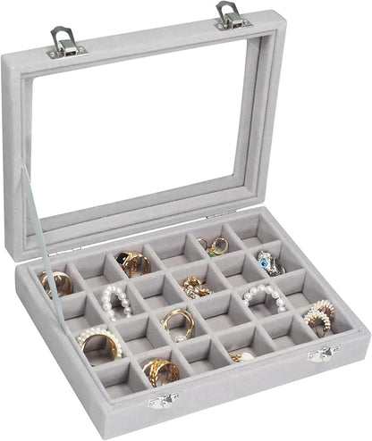 Velvet Jewelry Box 24 Grid Jewelry Ring Display Organiser Box Tray Holder Earrings Storage Case for Girls Wife Mom Women (Gray)