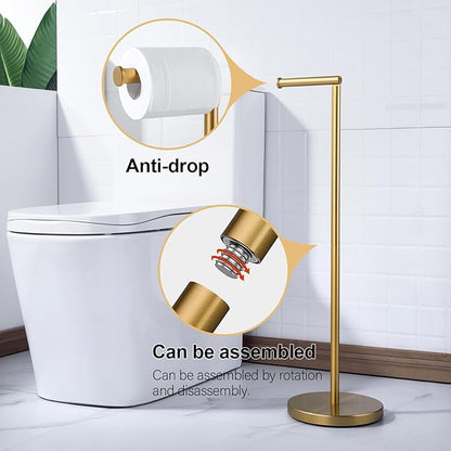 BAGNOLUX Bathroom Toilet Paper Holder Stand with Reserve, SUS304 Stainless Steel Rustproof Pedestal Tissue Roll Holder Heavy Duty (Brushed Brass)