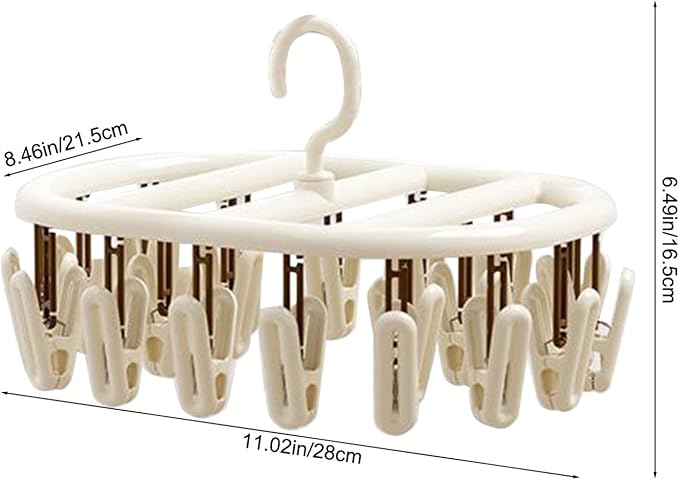 Beige Socks Drying Rack, Foldable Multifunctional Clothes Hanger with 12 or 20 Clips, Plastic, Space-Saving for Socks, Underwear, Gloves, Towels, Rotatable Hook for Easy Hanging (20 Clips)