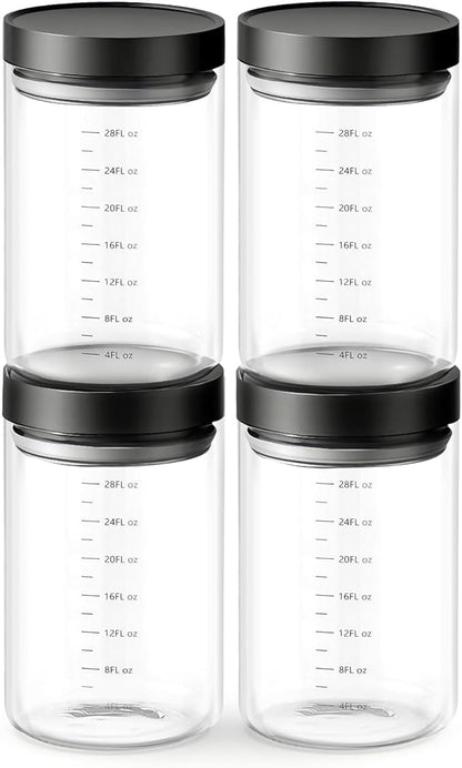 Danbark Set of 4 30oz Airtight Glass Storage Canisters with Lids - Pantry Organizers and Storage Glass for Kitchen - for Pantry, Flour, Sugar, Coffee, Tea, Pasta, Rice, and Snacks - Black