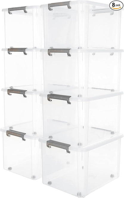 Citylife 58.1 QT Plastic Storage Bins with Latching Lids Stackable Storage Containers for Organizing Large Clear Storage Box for Garage, Closet, Kitchen, 8 Packs