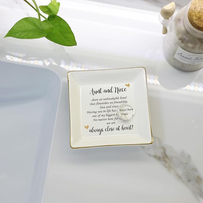 HOME SMILE Mother's Day Aunt Gifts from Niece,Aunt and Niece Gifts,Ceramic Jewelry Dish Tray for Aunts BirthdayValentine's,Thanksgiving,Xmas-Aunt and Niece Share an Unbreakable Bone