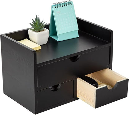 Black Bamboo Desk Organizer Wooden Storage Cabinet 3 Drawers with Shelf Tabletop Organization Box Home Office Workspace Bathroom Toiletries Supplies Caddy Vanity Makeup Stationery Holder